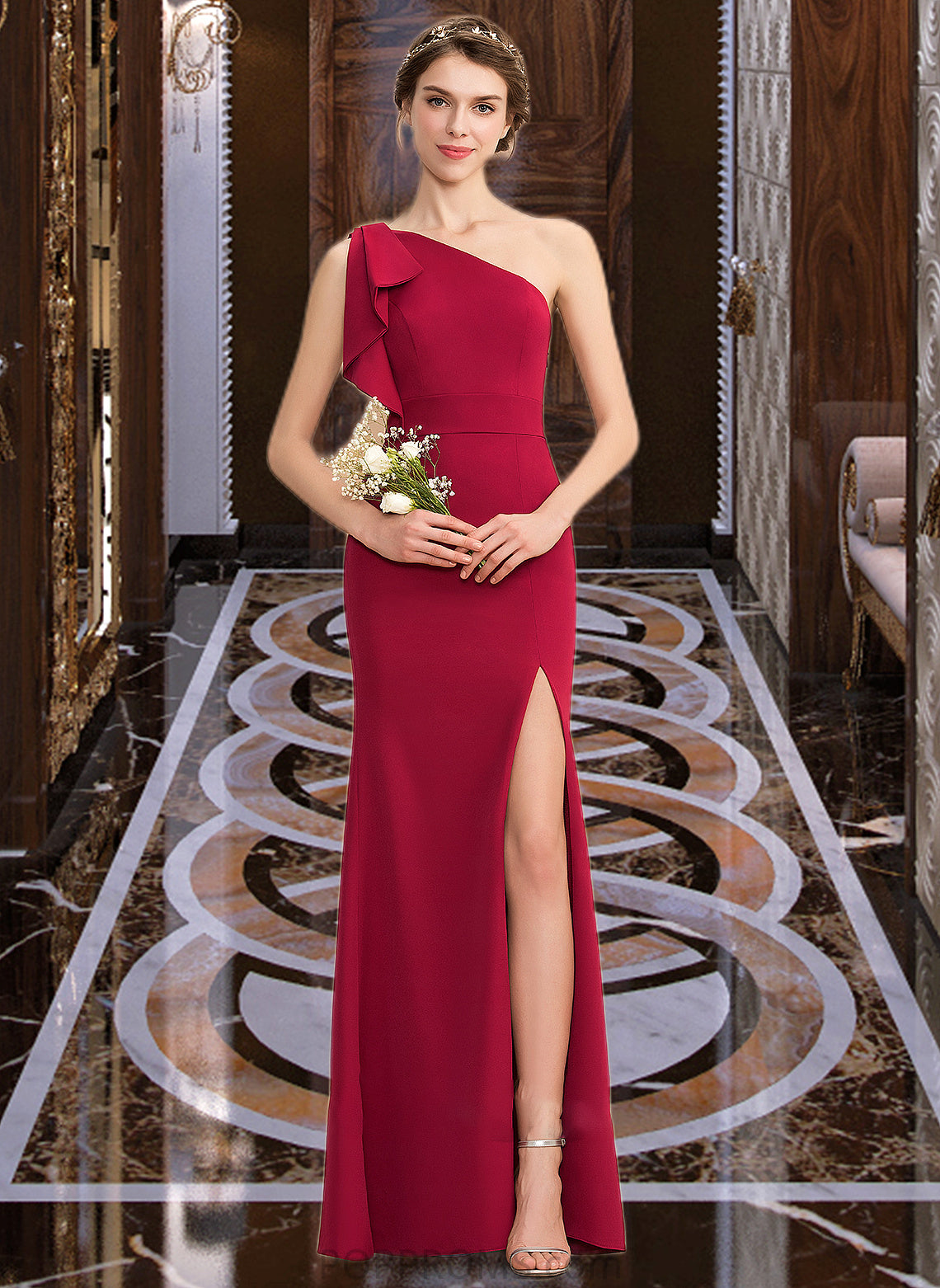 Jaslene Sheath/Column One-Shoulder Floor-Length Stretch Crepe Bridesmaid Dress With Split Front PP6P0013153