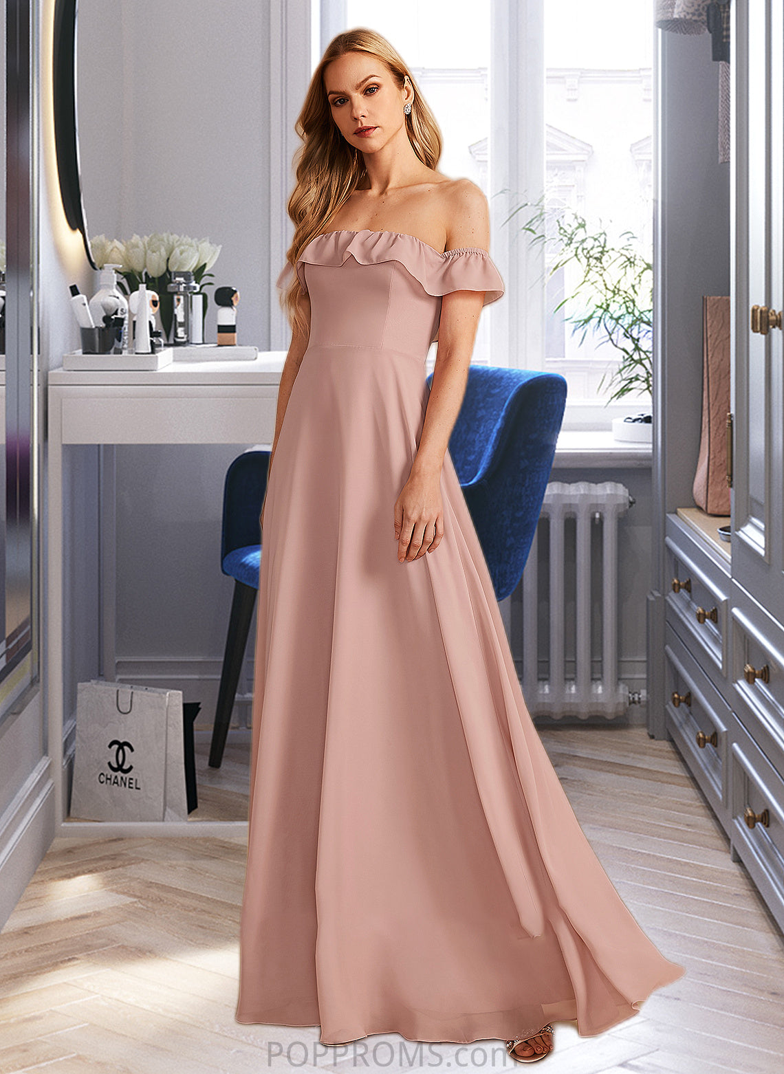 Heaven A-Line Off-the-Shoulder Floor-Length Bridesmaid Dress With Ruffle PP6P0013156