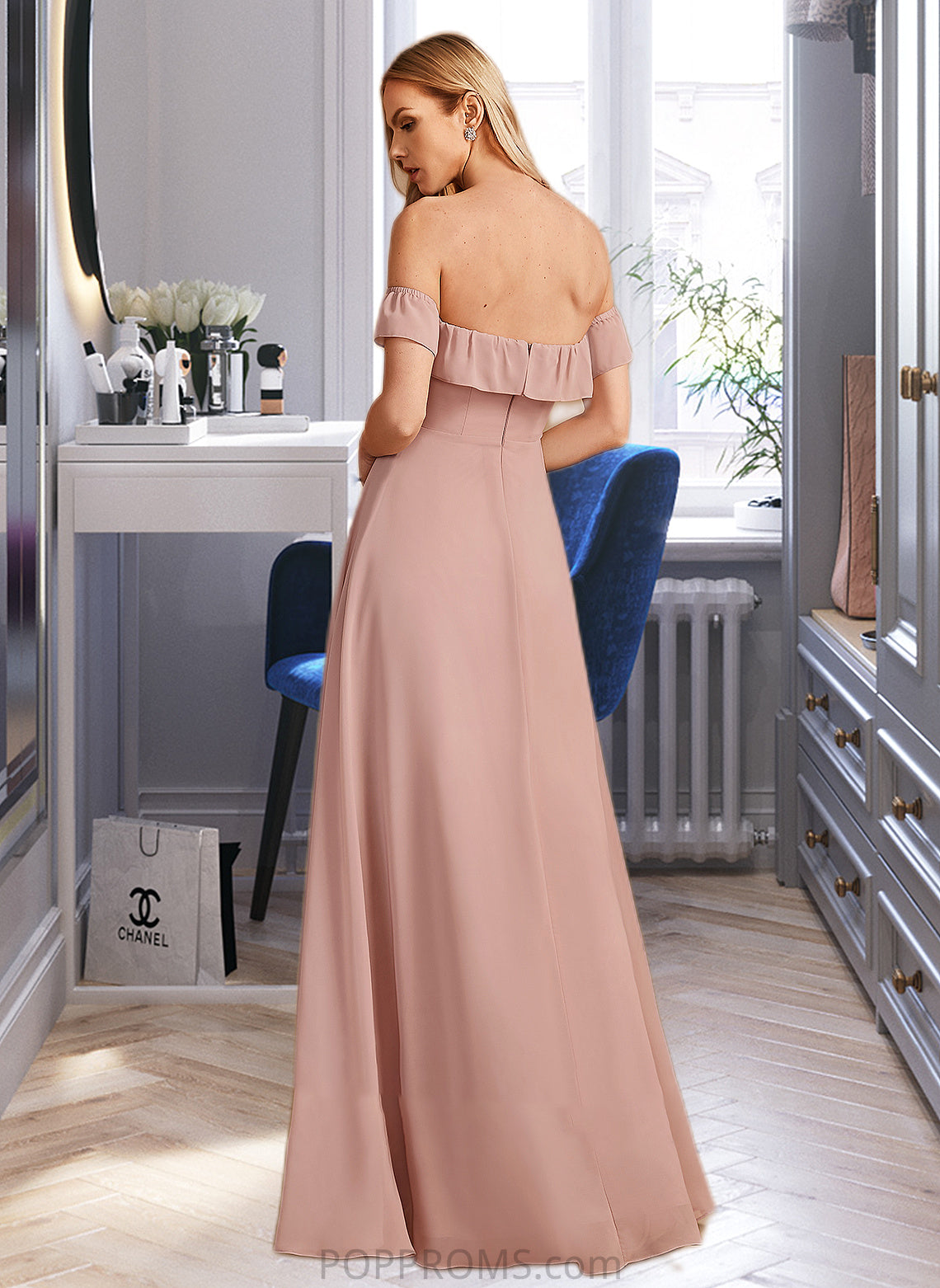 Heaven A-Line Off-the-Shoulder Floor-Length Bridesmaid Dress With Ruffle PP6P0013156