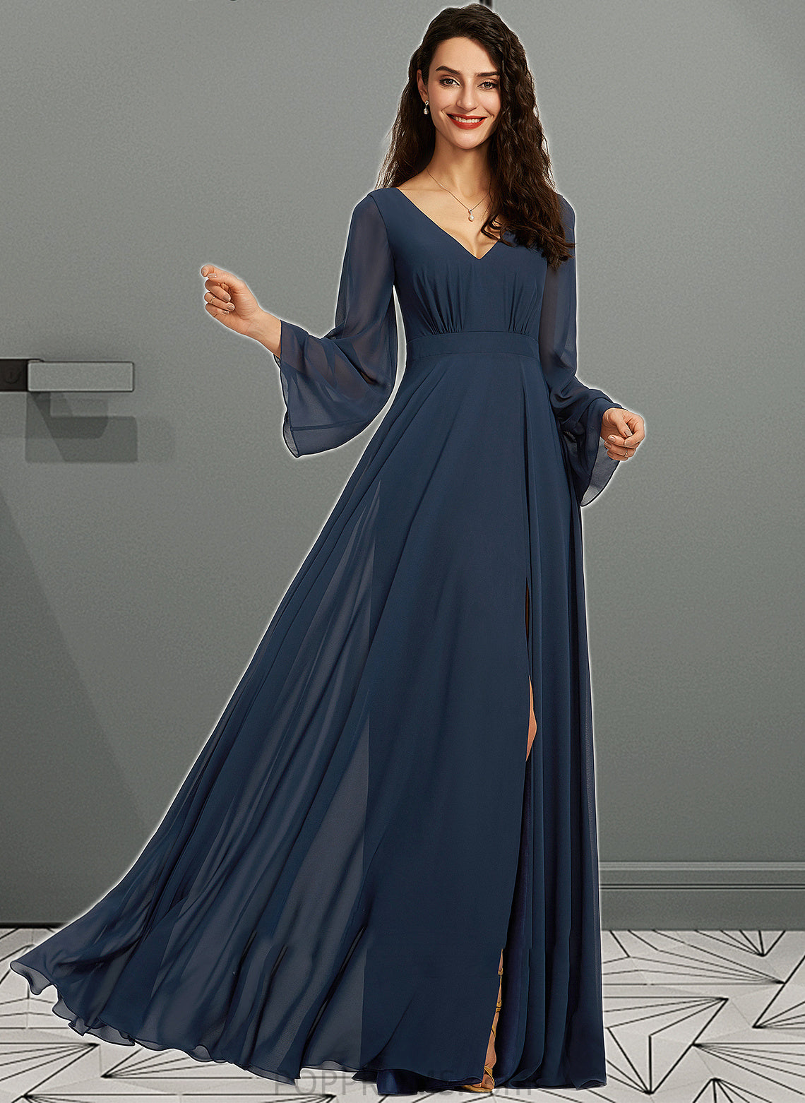 Rylie A-Line V-neck Floor-Length Bridesmaid Dress With Split Front PP6P0013158