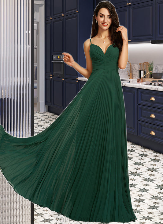 Kayley A-Line V-neck Floor-Length Bridesmaid Dress With Pleated PP6P0013159