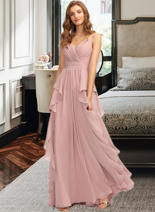 Faith A-Line V-neck Floor-Length Chiffon Bridesmaid Dress With Ruffle Cascading Ruffles PP6P0013161