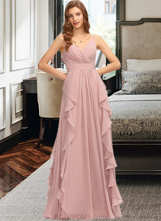 Faith A-Line V-neck Floor-Length Chiffon Bridesmaid Dress With Ruffle Cascading Ruffles PP6P0013161