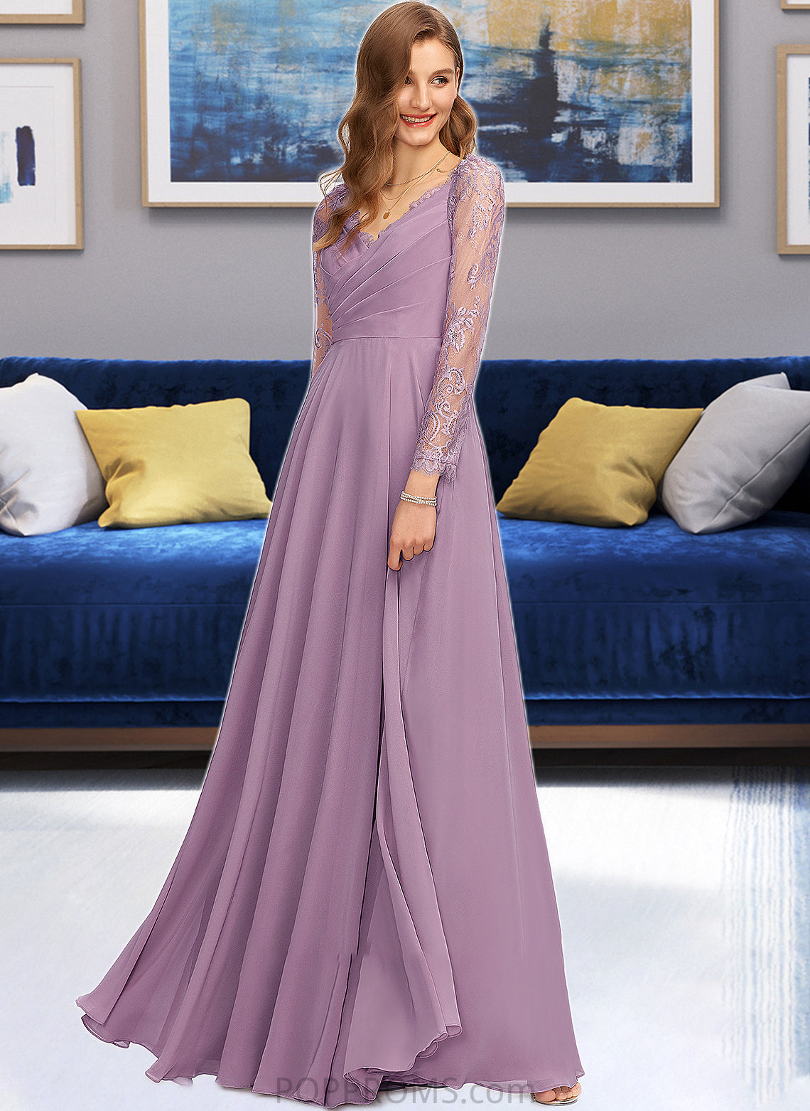 Molly A-Line V-neck Floor-Length Chiffon Bridesmaid Dress PP6P0013162