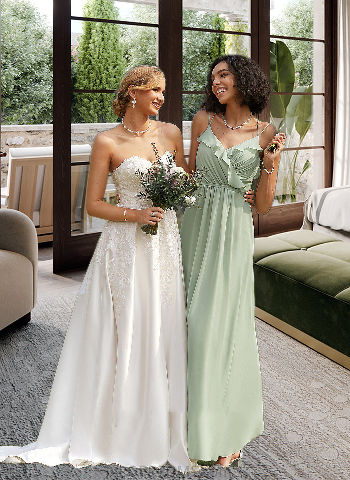 Violet A-Line V-neck Floor-Length Bridesmaid Dress With Ruffle PP6P0013164