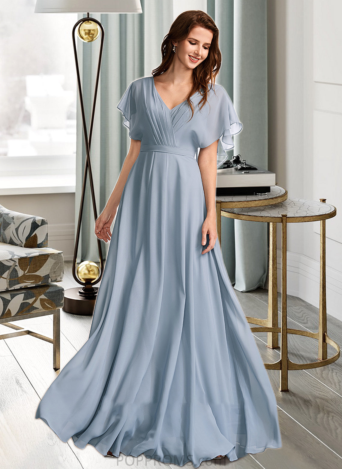 Eileen A-Line V-neck Floor-Length Bridesmaid Dress With Ruffle PP6P0013165