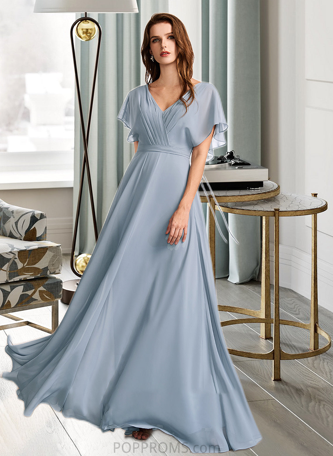 Eileen A-Line V-neck Floor-Length Bridesmaid Dress With Ruffle PP6P0013165