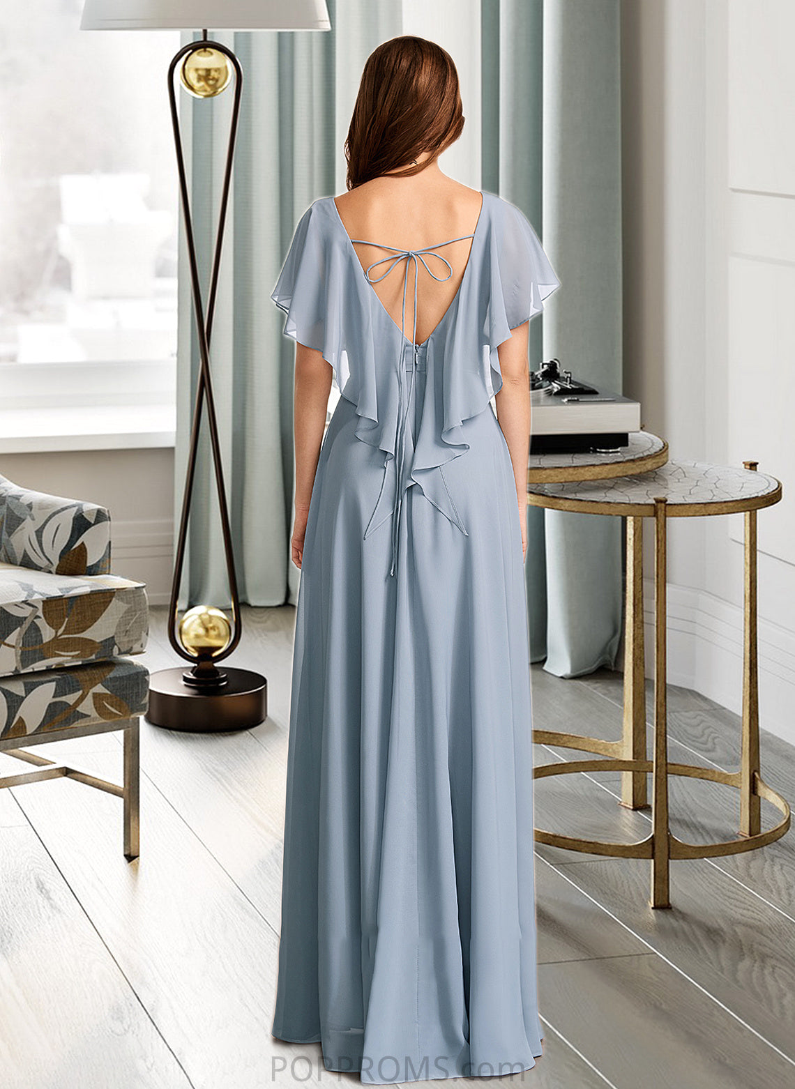 Eileen A-Line V-neck Floor-Length Bridesmaid Dress With Ruffle PP6P0013165