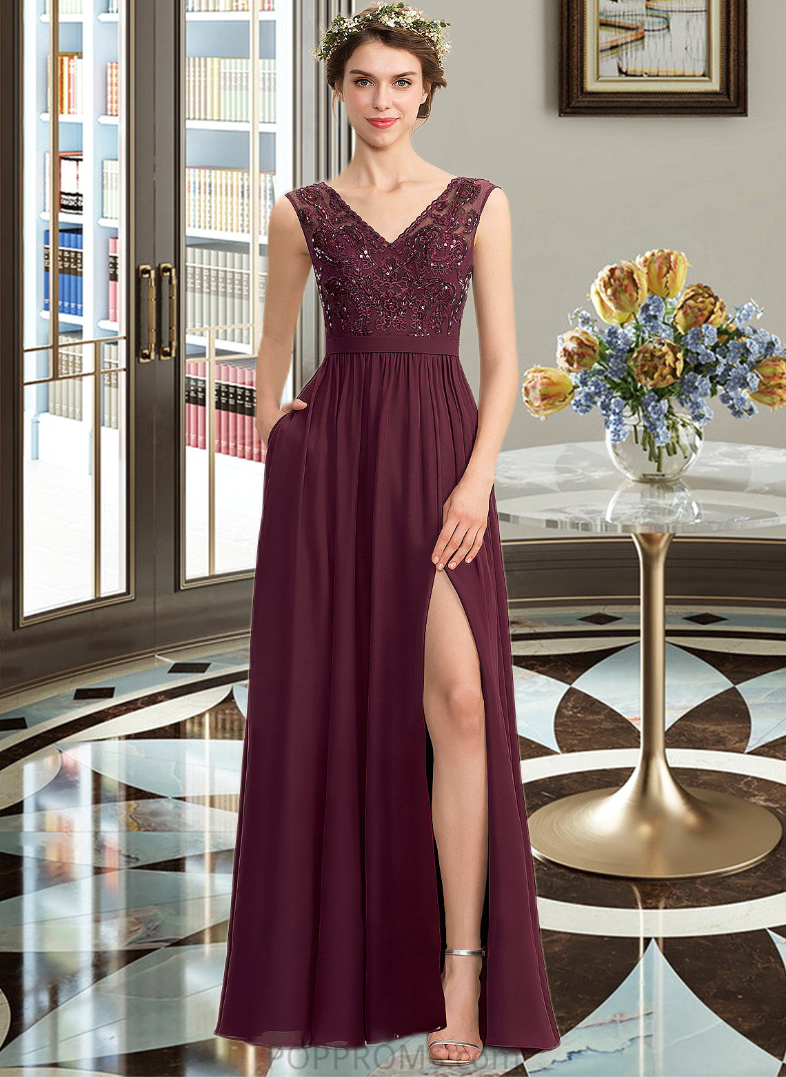 Kayley A-Line V-neck Floor-Length Chiffon Lace Bridesmaid Dress With Beading Sequins Split Front Pockets PP6P0013168