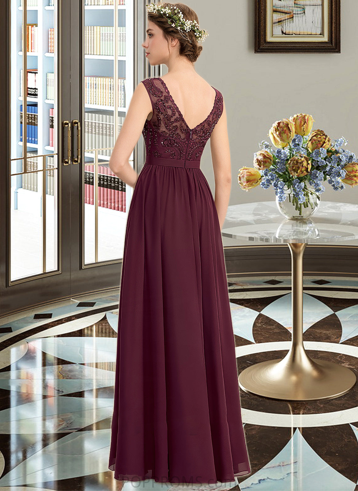 Kayley A-Line V-neck Floor-Length Chiffon Lace Bridesmaid Dress With Beading Sequins Split Front Pockets PP6P0013168