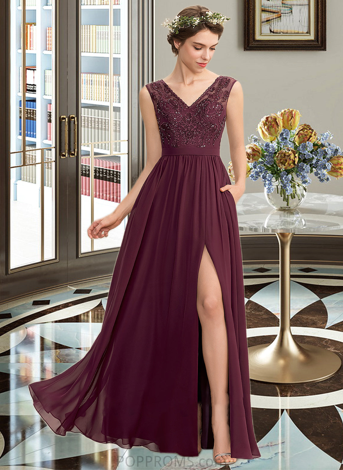 Kayley A-Line V-neck Floor-Length Chiffon Lace Bridesmaid Dress With Beading Sequins Split Front Pockets PP6P0013168