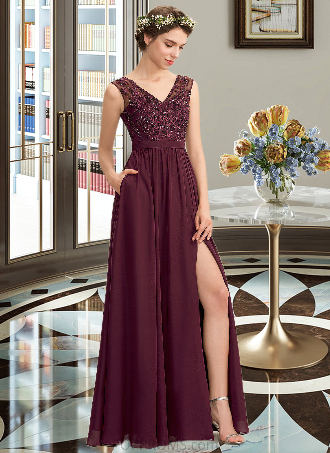 Kayley A-Line V-neck Floor-Length Chiffon Lace Bridesmaid Dress With Beading Sequins Split Front Pockets PP6P0013168