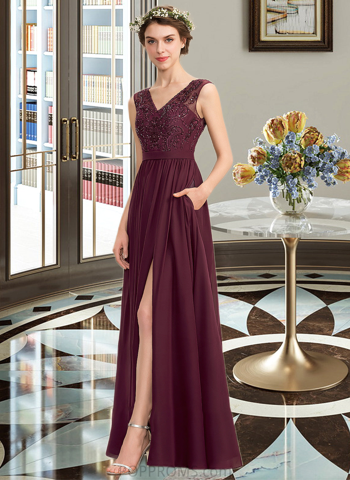 Kayley A-Line V-neck Floor-Length Chiffon Lace Bridesmaid Dress With Beading Sequins Split Front Pockets PP6P0013168