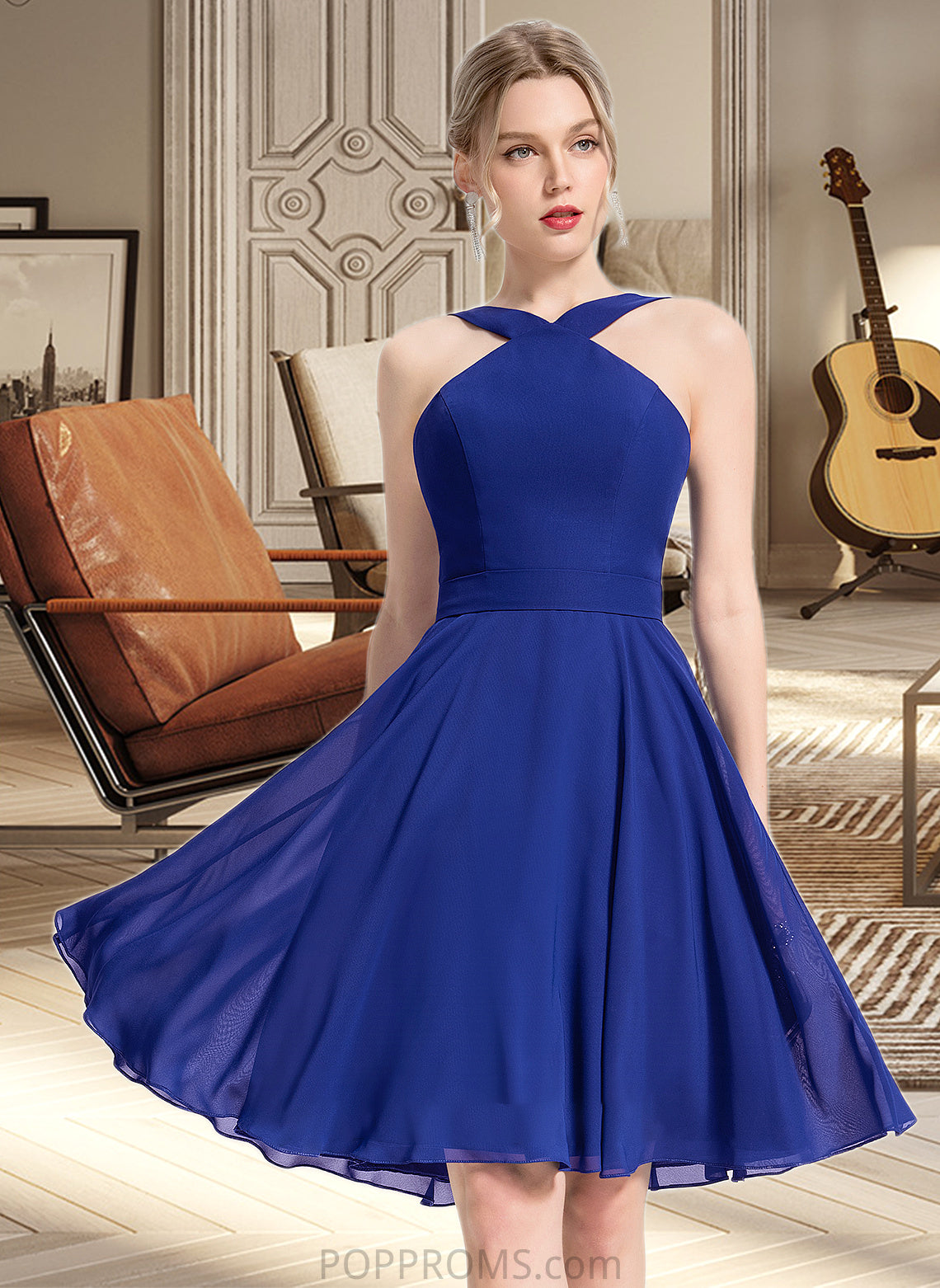 Abril A-line V-Neck Knee-Length Chiffon Bridesmaid Dress PP6P0013170