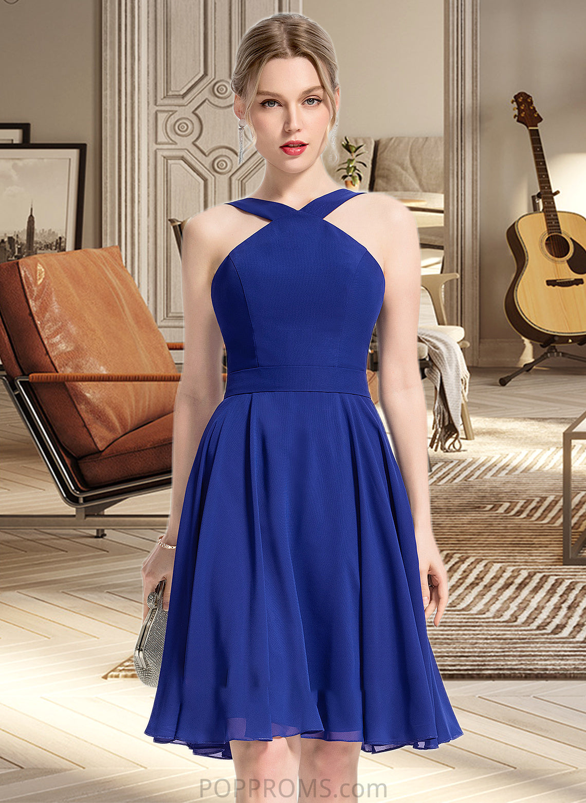 Abril A-line V-Neck Knee-Length Chiffon Bridesmaid Dress PP6P0013170