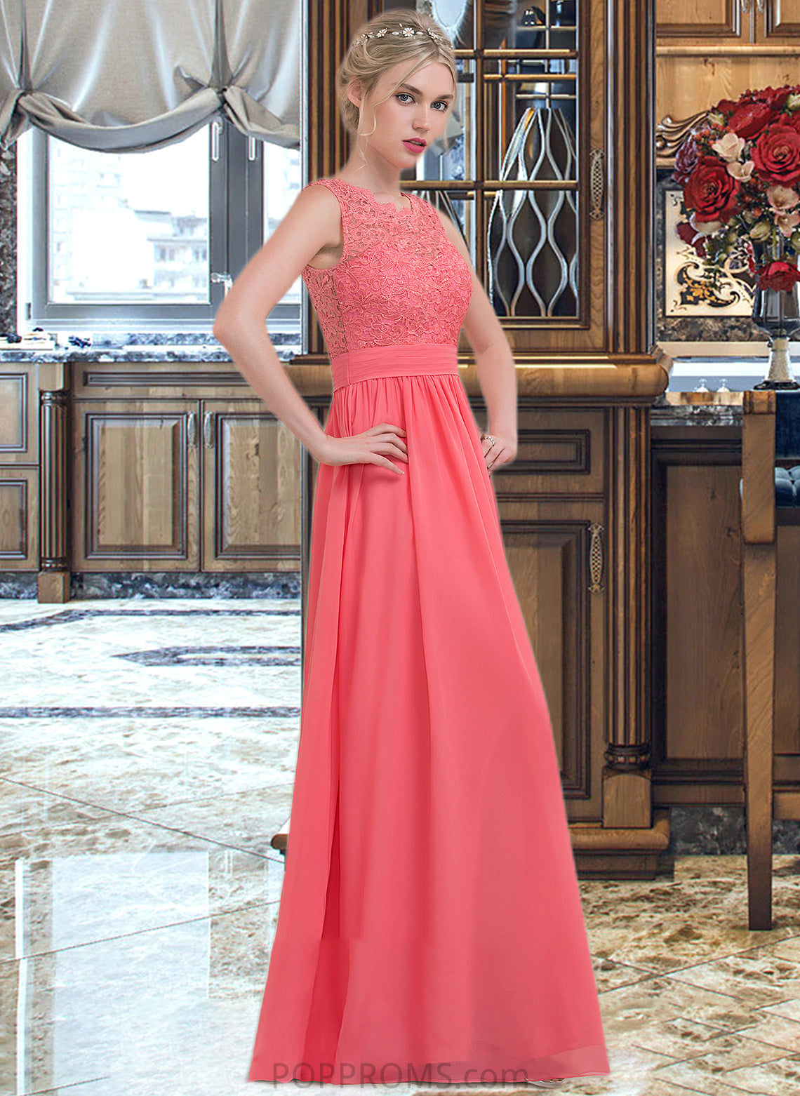 Sherry A-Line Scoop Neck Floor-Length Chiffon Lace Bridesmaid Dress With Ruffle PP6P0013171