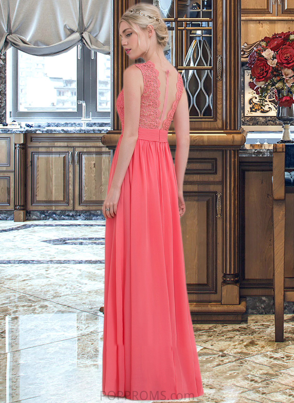 Sherry A-Line Scoop Neck Floor-Length Chiffon Lace Bridesmaid Dress With Ruffle PP6P0013171