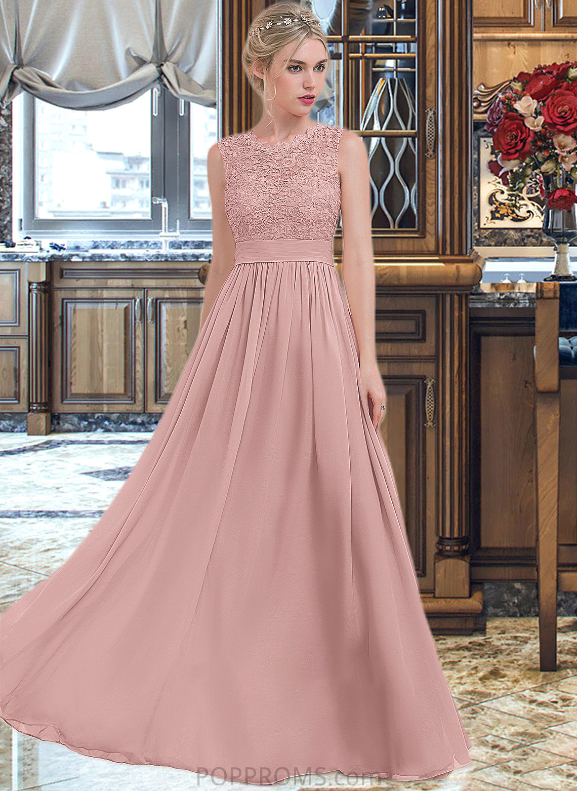 Sherry A-Line Scoop Neck Floor-Length Chiffon Lace Bridesmaid Dress With Ruffle PP6P0013171