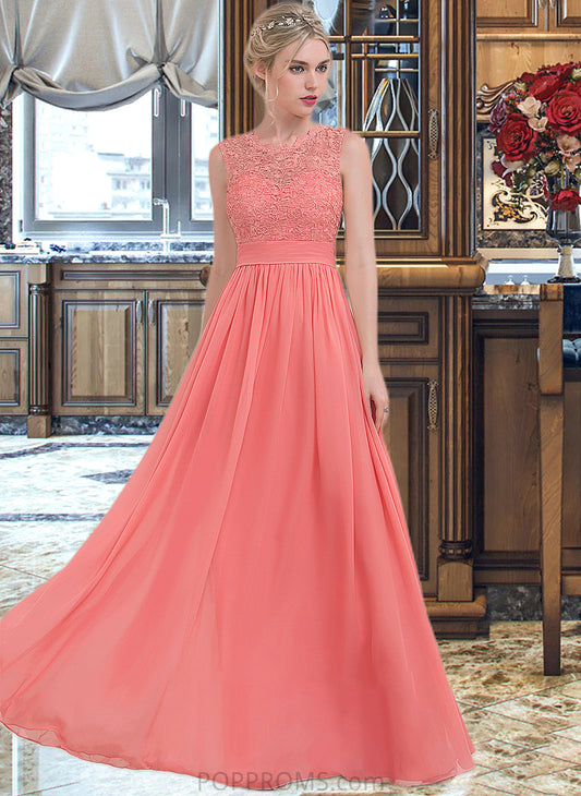 Sherry A-Line Scoop Neck Floor-Length Chiffon Lace Bridesmaid Dress With Ruffle PP6P0013171