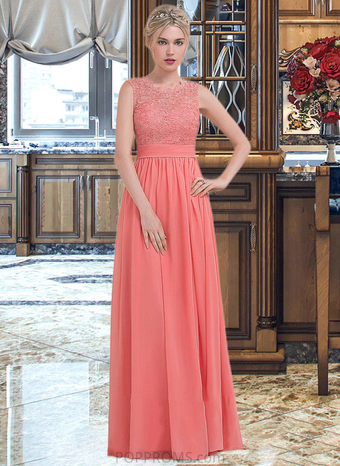 Sherry A-Line Scoop Neck Floor-Length Chiffon Lace Bridesmaid Dress With Ruffle PP6P0013171