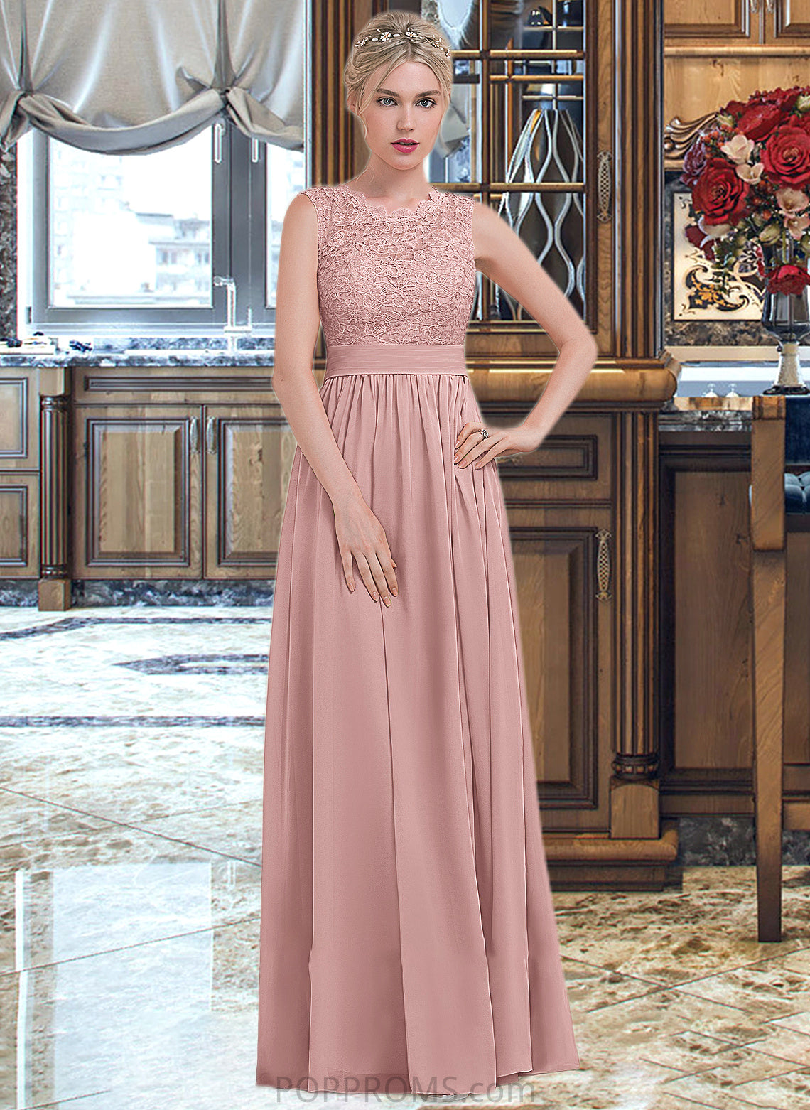 Sherry A-Line Scoop Neck Floor-Length Chiffon Lace Bridesmaid Dress With Ruffle PP6P0013171