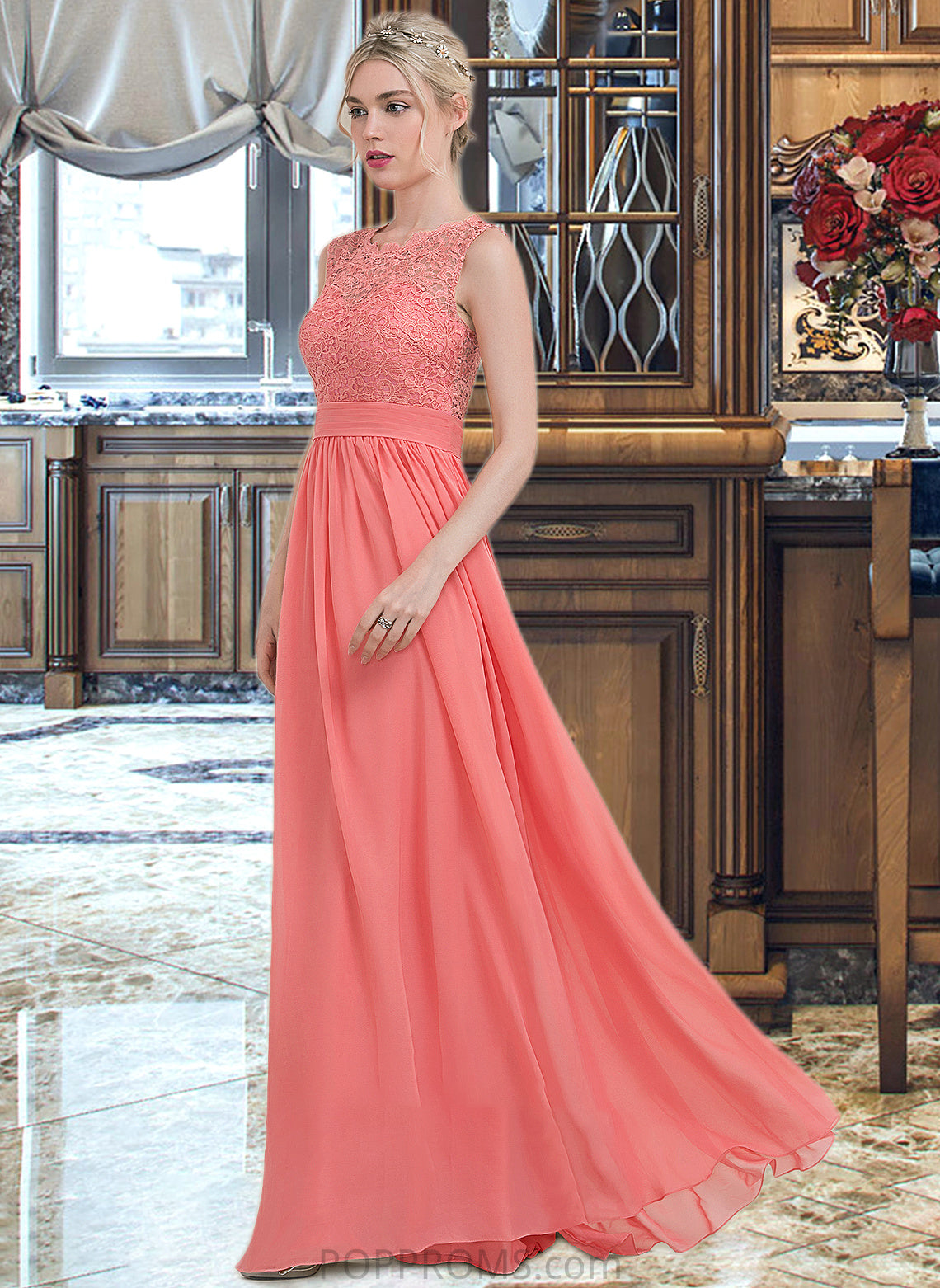 Sherry A-Line Scoop Neck Floor-Length Chiffon Lace Bridesmaid Dress With Ruffle PP6P0013171