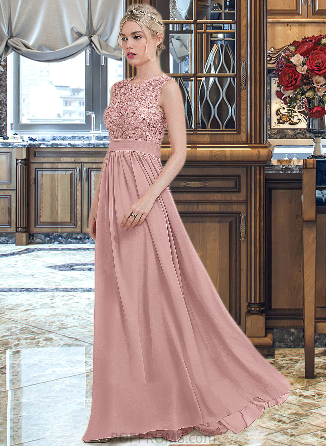 Sherry A-Line Scoop Neck Floor-Length Chiffon Lace Bridesmaid Dress With Ruffle PP6P0013171