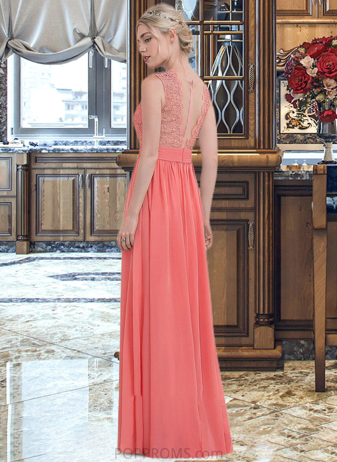 Sherry A-Line Scoop Neck Floor-Length Chiffon Lace Bridesmaid Dress With Ruffle PP6P0013171