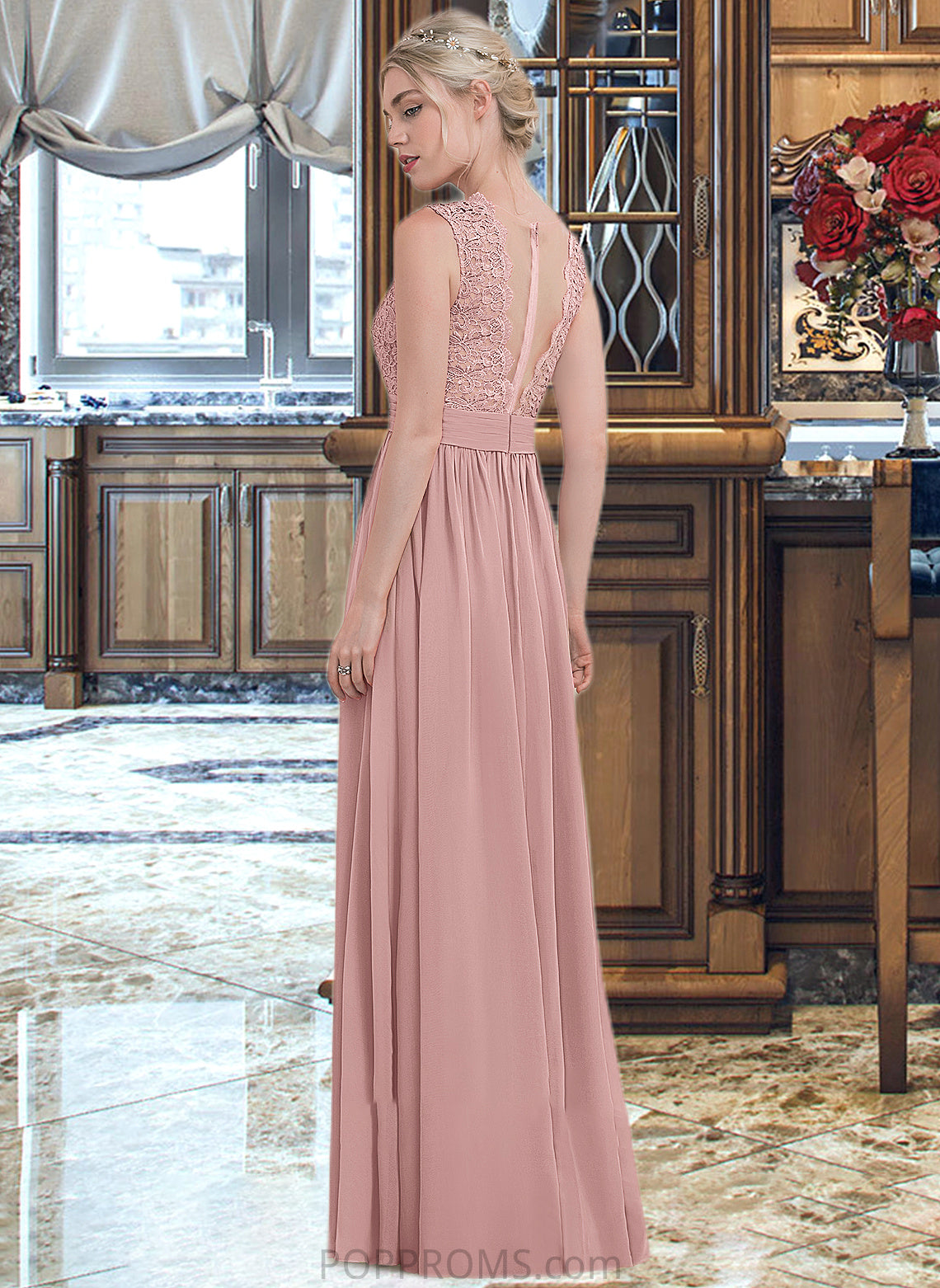 Sherry A-Line Scoop Neck Floor-Length Chiffon Lace Bridesmaid Dress With Ruffle PP6P0013171