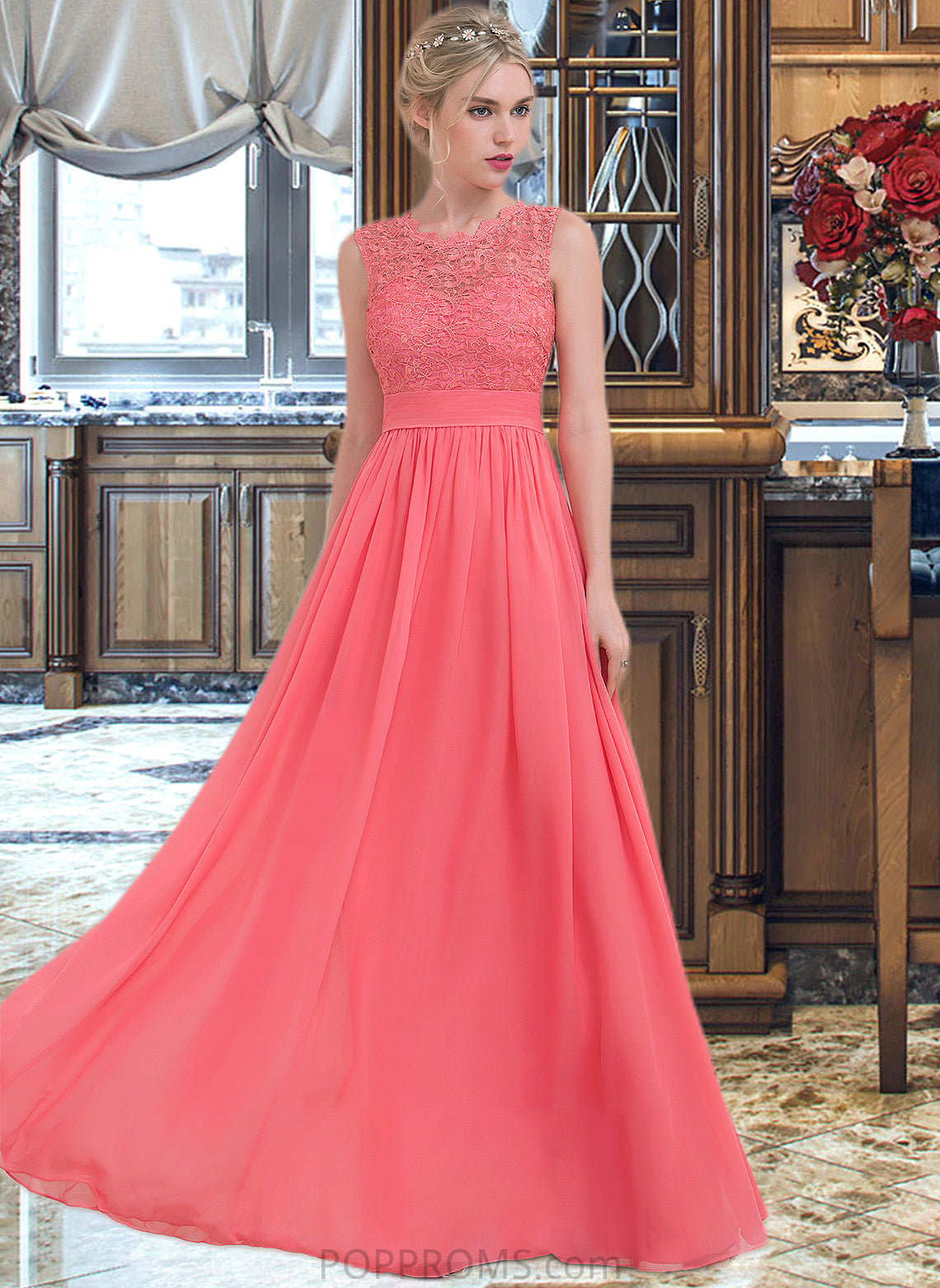 Sherry A-Line Scoop Neck Floor-Length Chiffon Lace Bridesmaid Dress With Ruffle PP6P0013171