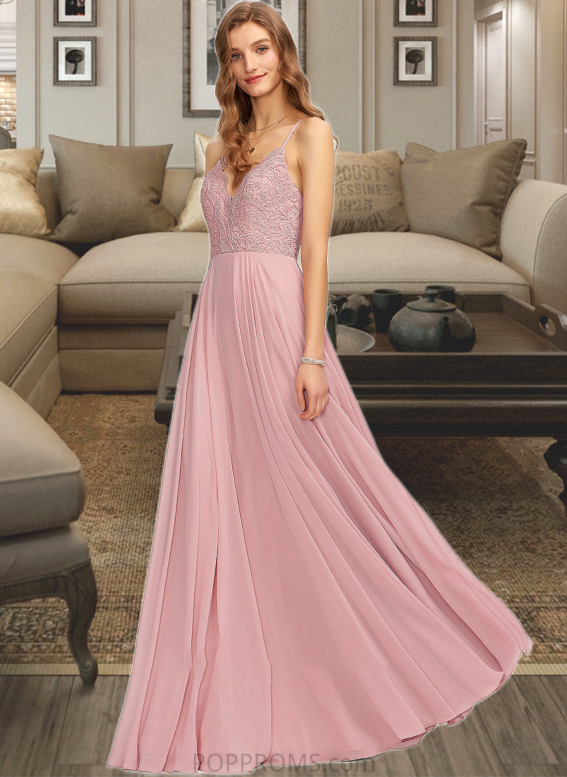 Brynn A-Line V-neck Floor-Length Chiffon Bridesmaid Dress PP6P0013173