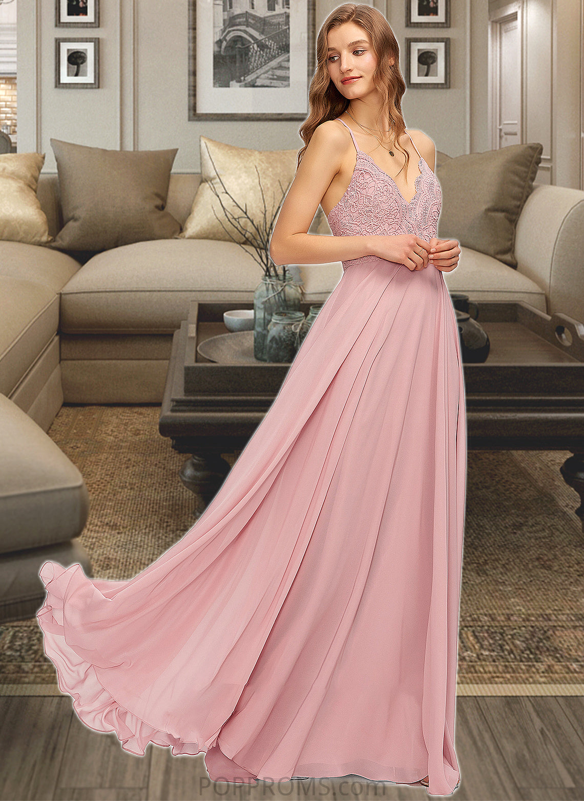 Brynn A-Line V-neck Floor-Length Chiffon Bridesmaid Dress PP6P0013173