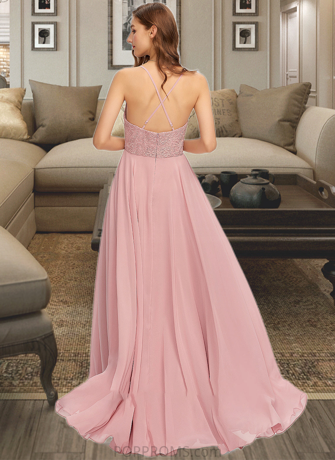 Brynn A-Line V-neck Floor-Length Chiffon Bridesmaid Dress PP6P0013173