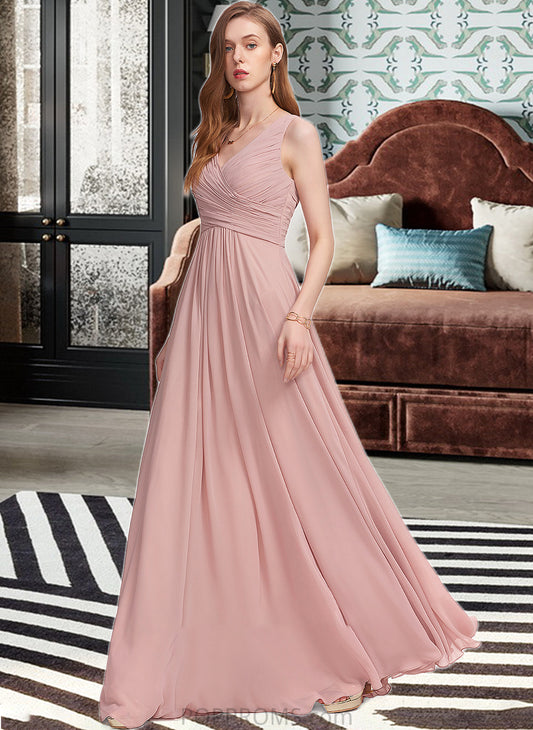 Layla A-Line V-neck Floor-Length Chiffon Bridesmaid Dress With Ruffle PP6P0013174