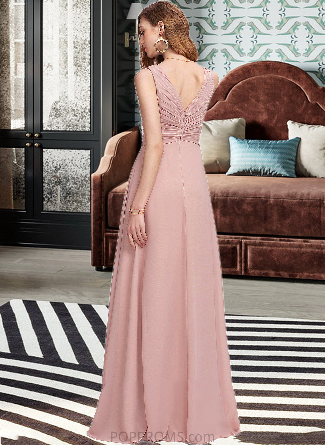 Layla A-Line V-neck Floor-Length Chiffon Bridesmaid Dress With Ruffle PP6P0013174