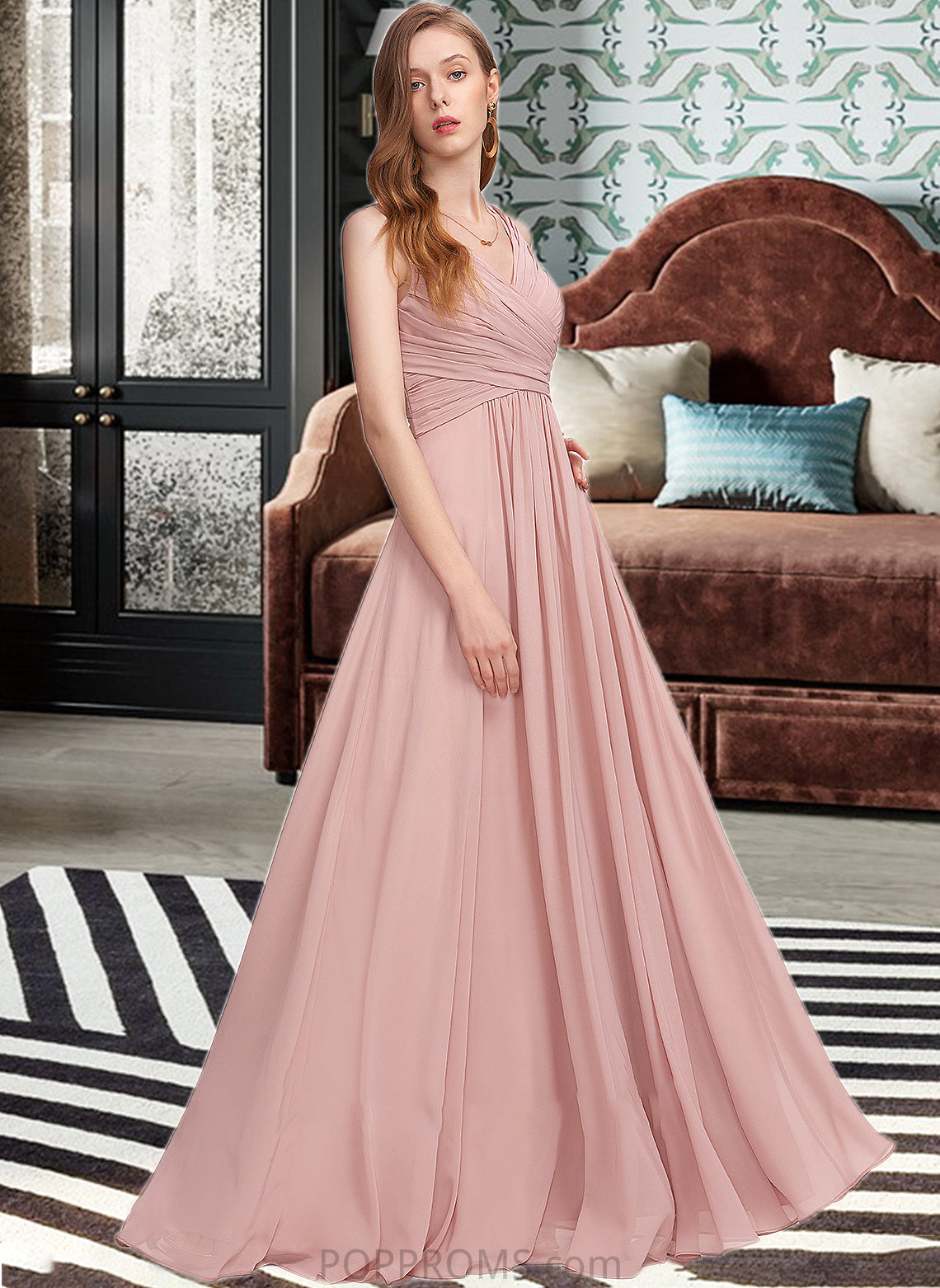 Layla A-Line V-neck Floor-Length Chiffon Bridesmaid Dress With Ruffle PP6P0013174