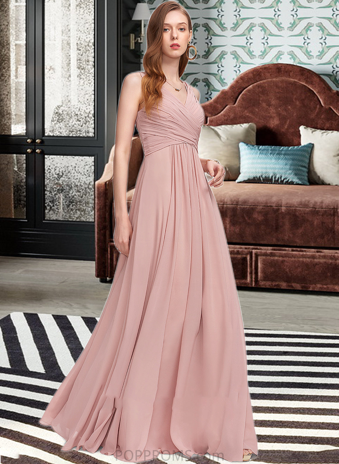 Layla A-Line V-neck Floor-Length Chiffon Bridesmaid Dress With Ruffle PP6P0013174