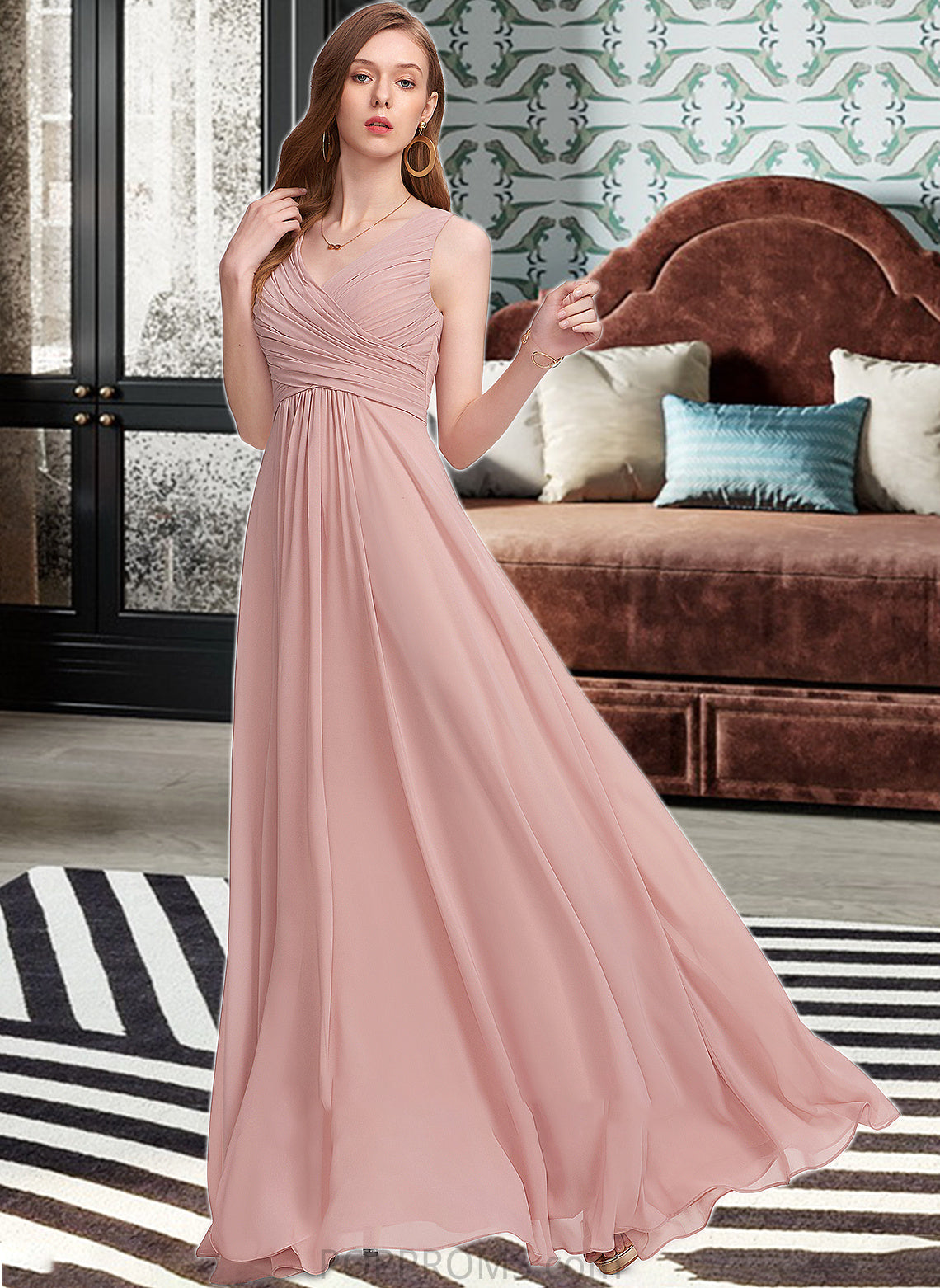 Layla A-Line V-neck Floor-Length Chiffon Bridesmaid Dress With Ruffle PP6P0013174