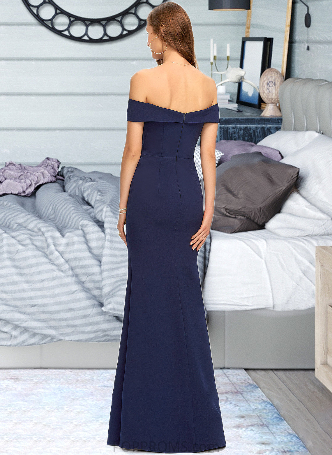 Abby Trumpet/Mermaid Off-the-Shoulder Floor-Length Stretch Crepe Bridesmaid Dress With Split Front PP6P0013175