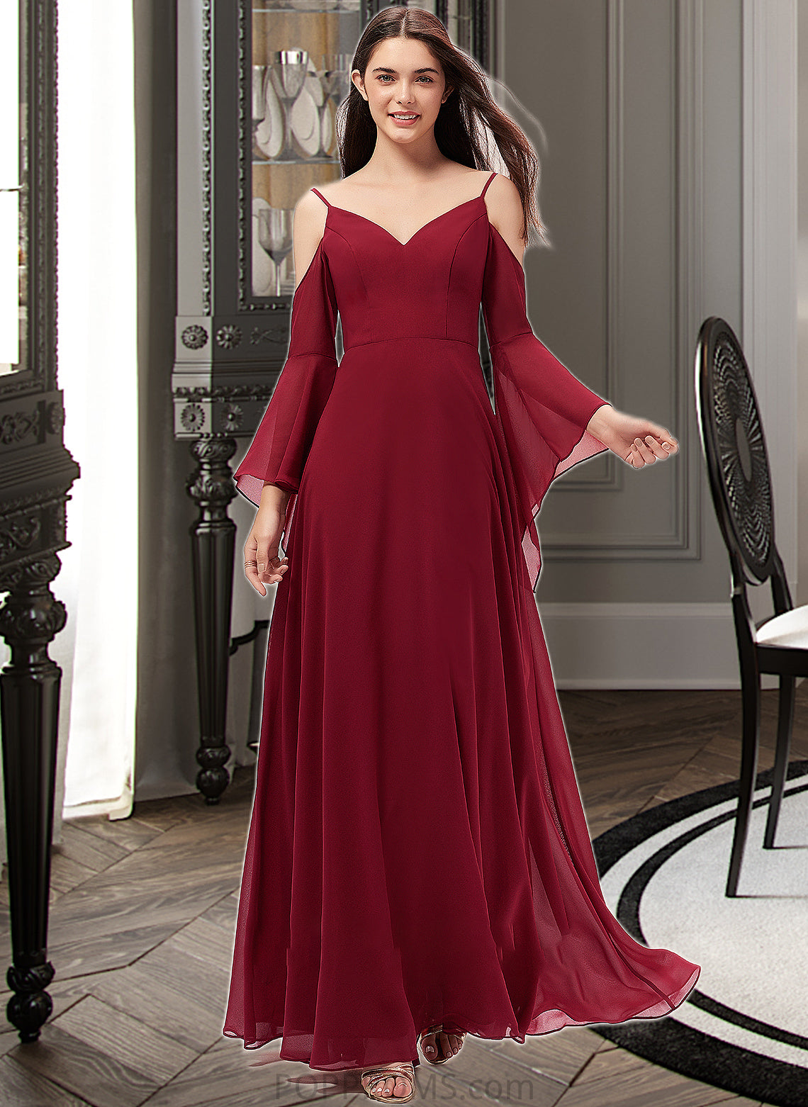 Jayden A-line V-Neck Floor-Length Chiffon Bridesmaid Dress PP6P0013178