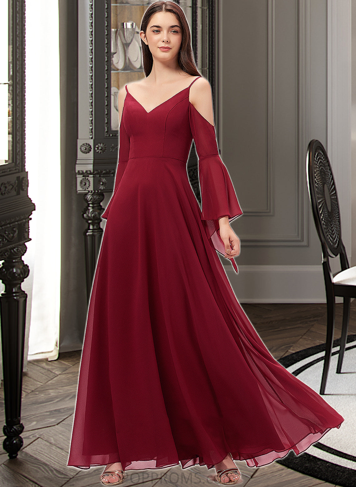 Jayden A-line V-Neck Floor-Length Chiffon Bridesmaid Dress PP6P0013178