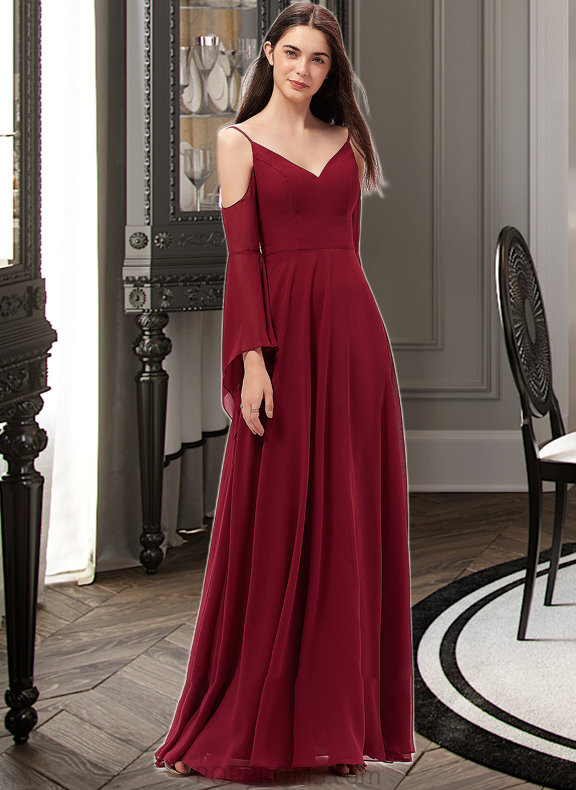 Jayden A-line V-Neck Floor-Length Chiffon Bridesmaid Dress PP6P0013178