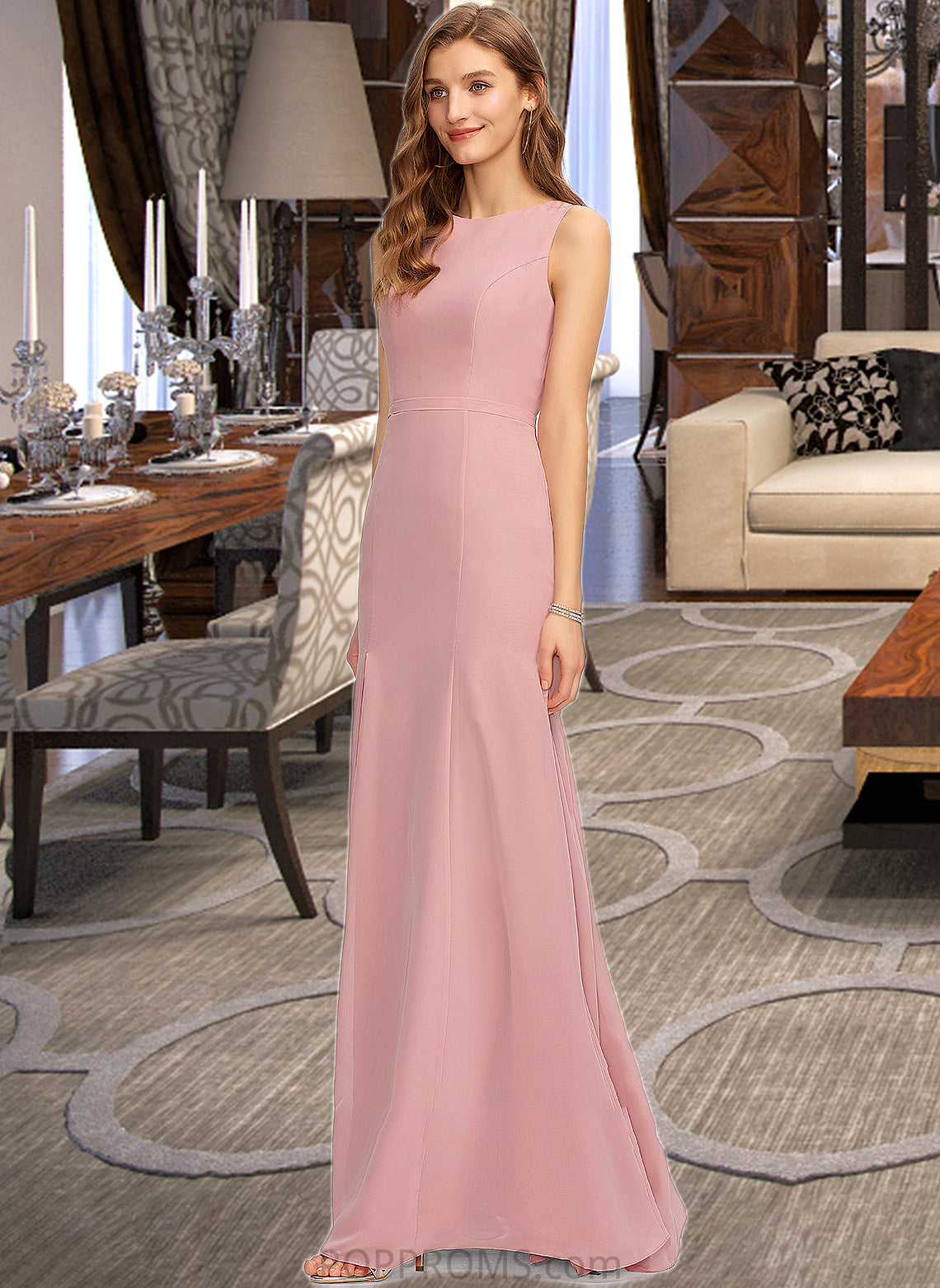 Tia Sheath/Column Scoop Neck Floor-Length Chiffon Bridesmaid Dress With Split Front PP6P0013179