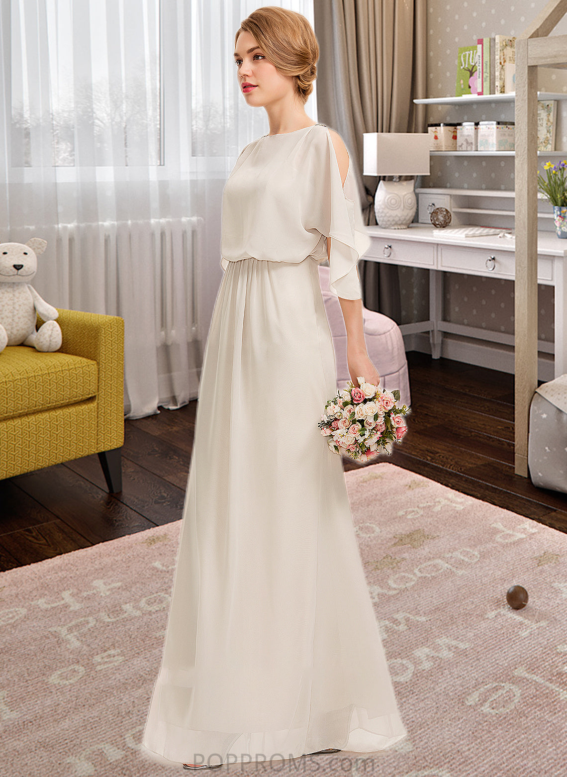 Camryn Sheath/Column Scoop Neck Floor-Length Chiffon Bridesmaid Dress With Cascading Ruffles PP6P0013180