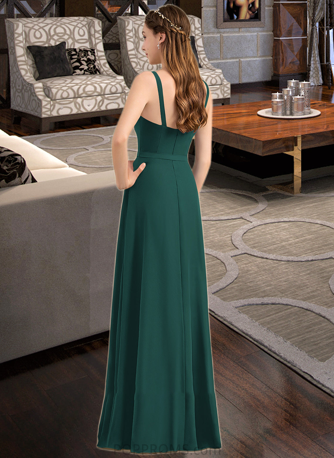 Madeleine A-Line V-neck Floor-Length Chiffon Bridesmaid Dress With Ruffle Bow(s) Split Front PP6P0013181