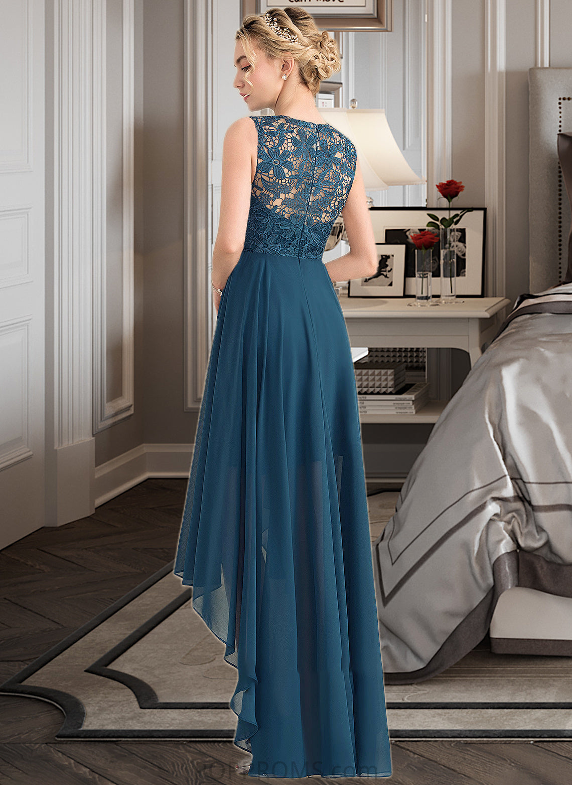 Wendy A-Line Scoop Neck Asymmetrical Chiffon Lace Bridesmaid Dress PP6P0013182