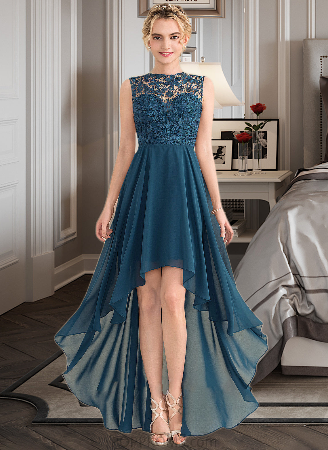 Wendy A-Line Scoop Neck Asymmetrical Chiffon Lace Bridesmaid Dress PP6P0013182