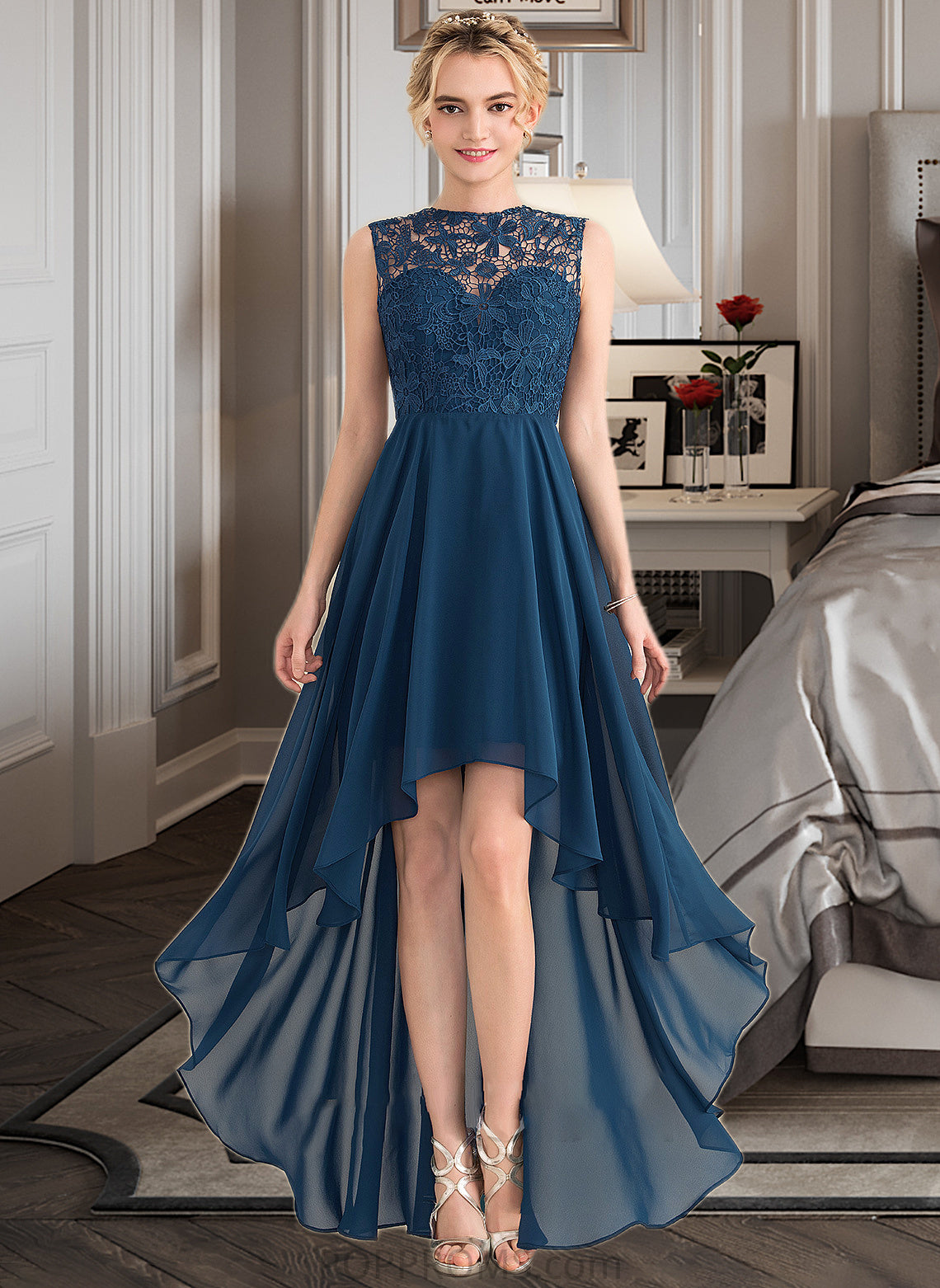 Wendy A-Line Scoop Neck Asymmetrical Chiffon Lace Bridesmaid Dress PP6P0013182