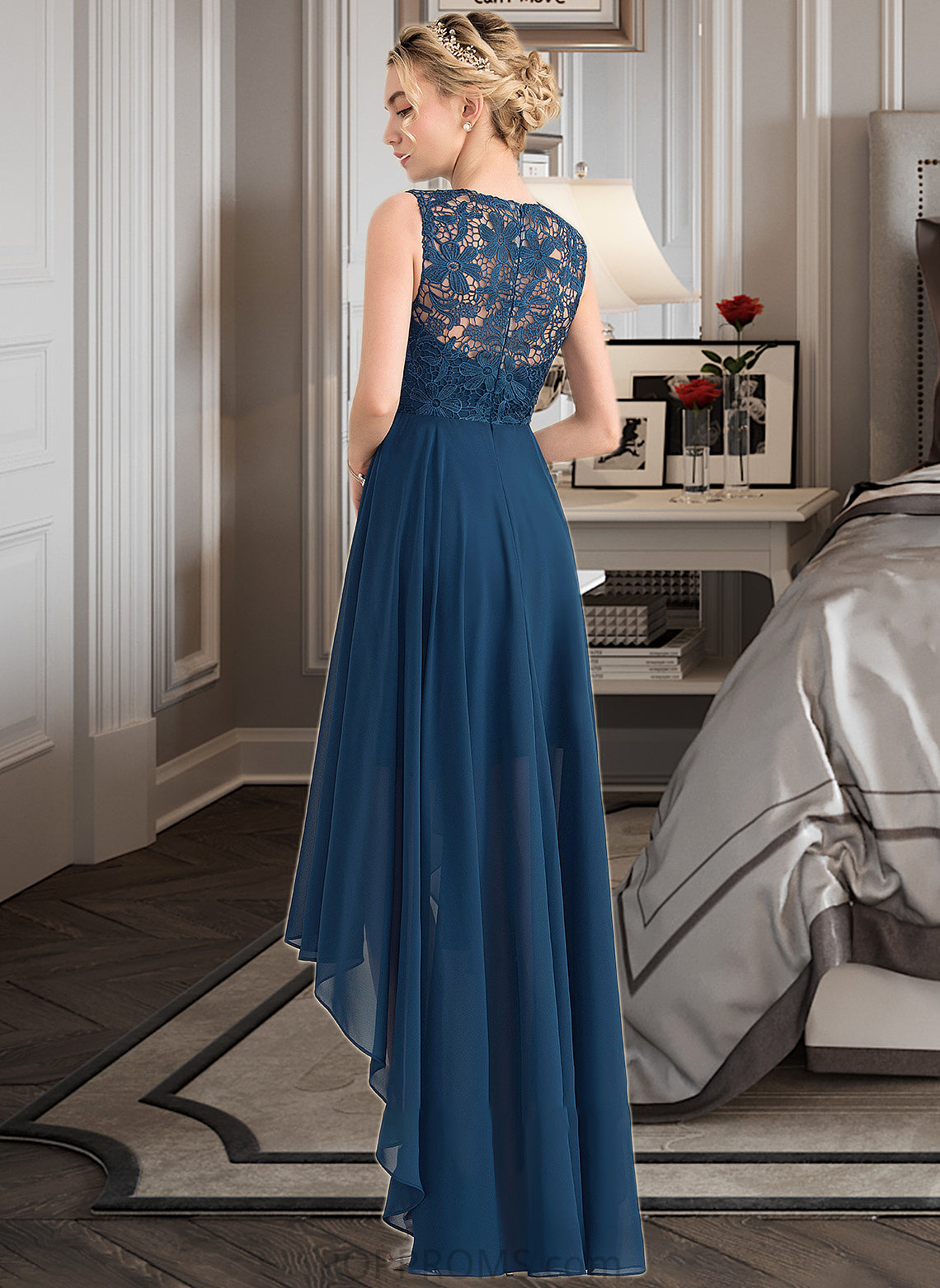 Wendy A-Line Scoop Neck Asymmetrical Chiffon Lace Bridesmaid Dress PP6P0013182