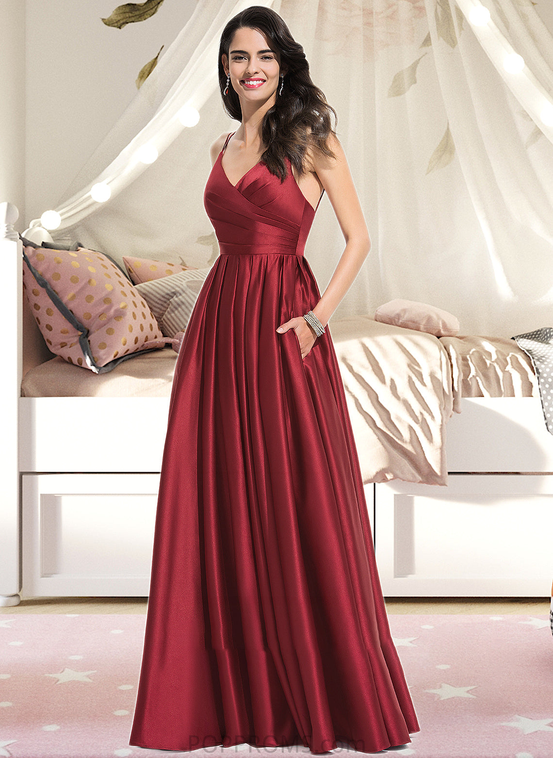 Tori A-Line V-neck Floor-Length Satin Bridesmaid Dress With Ruffle Pockets PP6P0013187